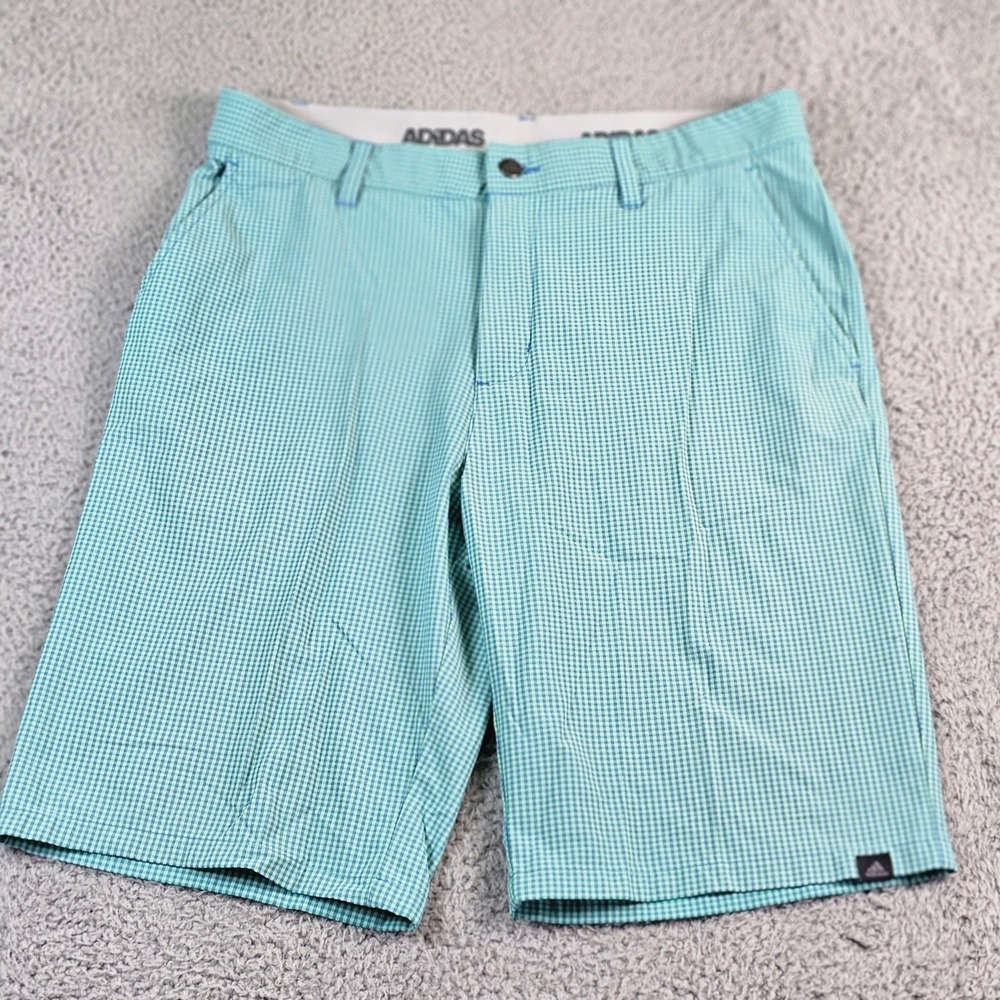 Adidas Golf Shorts Mens 34 Green Check Performance Stretch Flat Front 11 Inseam